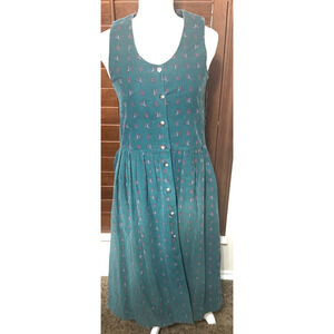 Bryn Connelly Corduroy Jumper Dress Sz 4P Paisley & Birds Green Midi VTG 80s